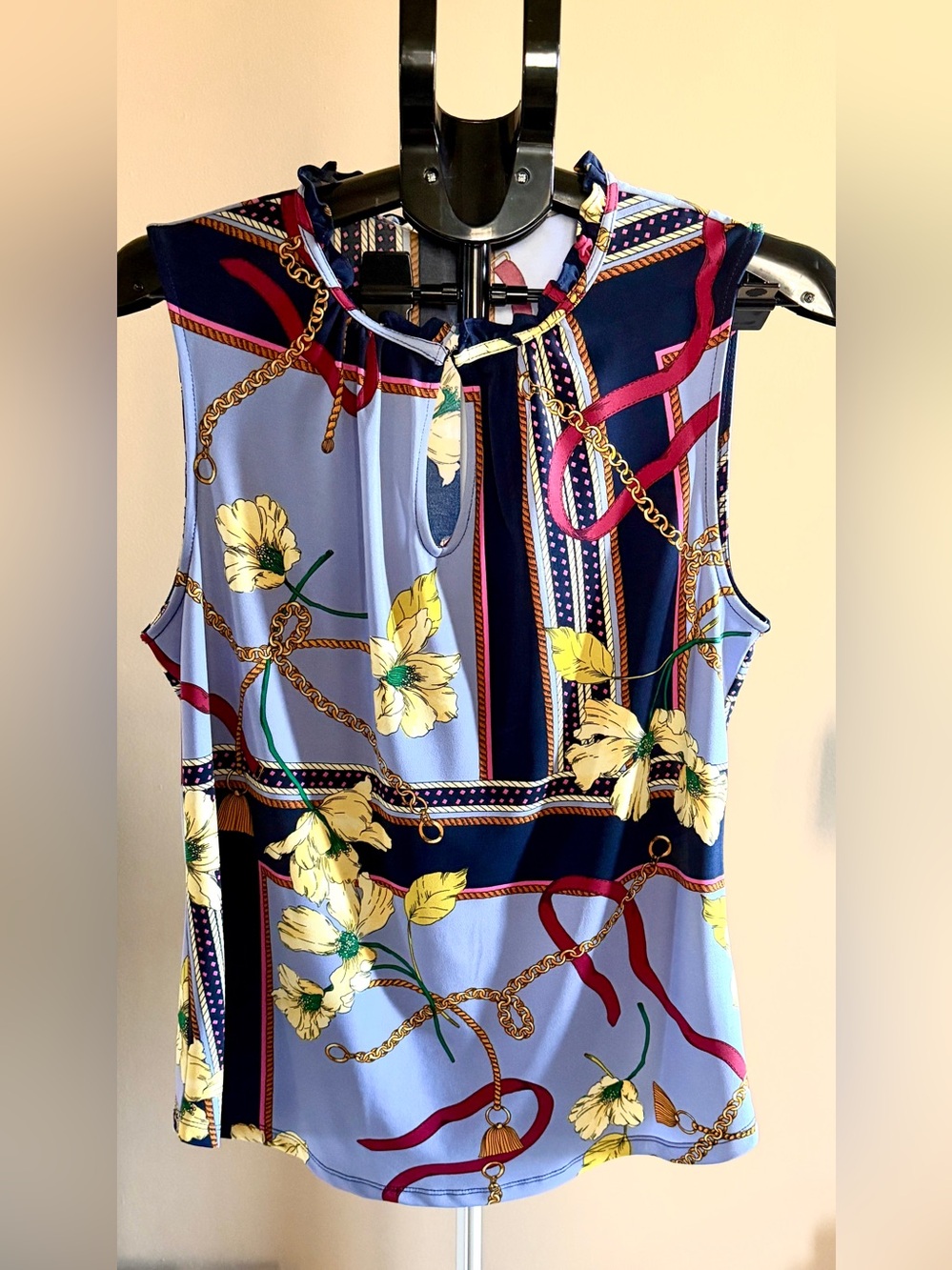 Floral Chain-Print Sleeveless Top - Navy & Light Blue
